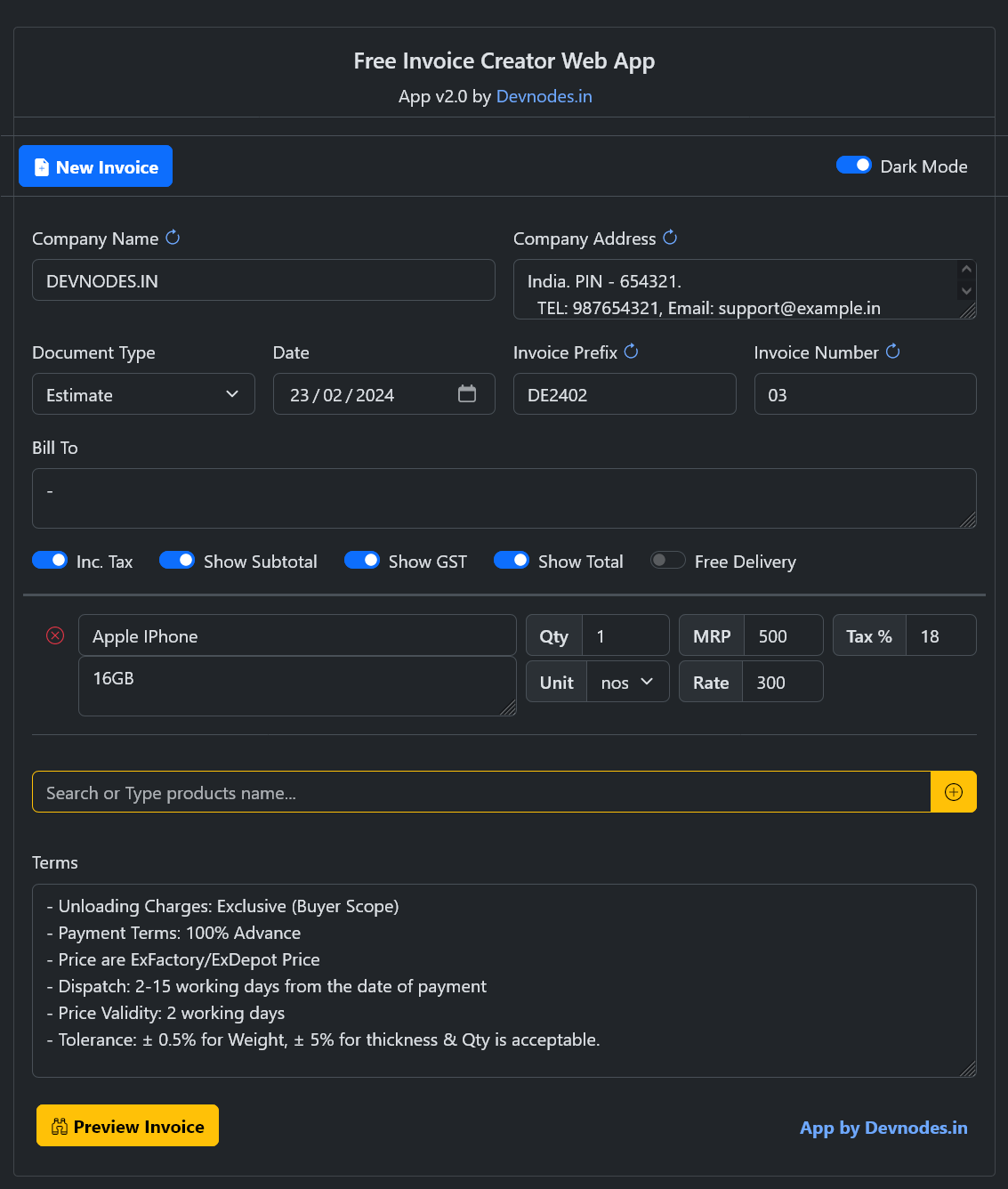 Free &amp; Opensource Invoice Creator by devnodes.in